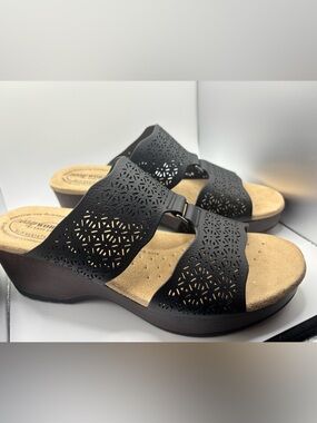 easy street Black Laser-Cut Slip-On Wedge Mules